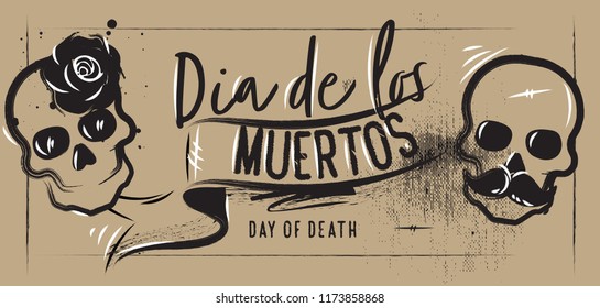 Charoal Horizontal Poster Mexican the day of the Dead. Charcoal Lettering, ribbon, skulls of men and women. Brown vintage background