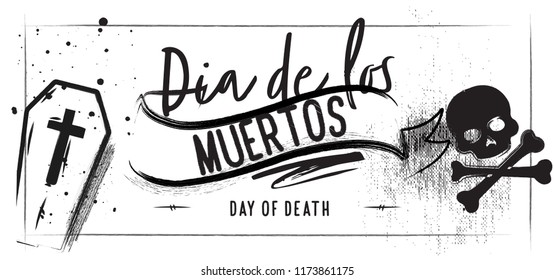 Charoal Horizontal Poster Mexican the day of the Dead. Charcoal Lettering and black skull. White vintage background