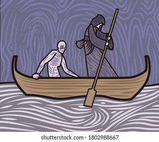 charon with boat traveling in styx sea