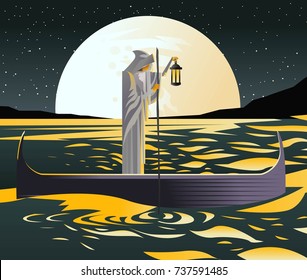 Charon With Boat Traveling In Styx Sea