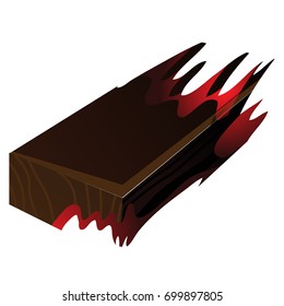 Charred fragment of a Board in the fire isolated on a white background. Vector cartoon close-up illustration.