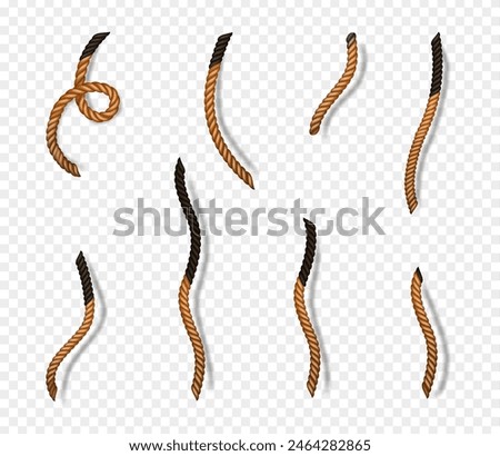 Charred fuse wick rope, isolated set of twisted thread with burnt effect. Vector realistic icons of cable from pyrotechnics, bomb or detonated dynamite. Firecracker r weapon explosive equipment