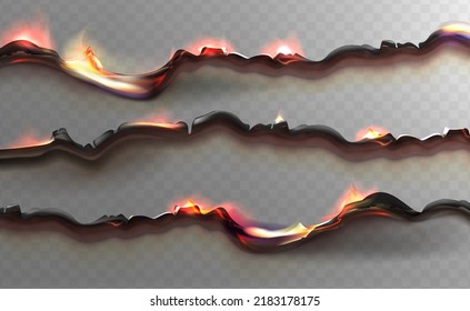 Página de papel con carga con bordes desiguales quemados vector 3d realista. Las sábanas arrancadas en llamas aisladas sobre fondo transparente. Bordes rotos quemados o marco con fuego y ceniza negra.