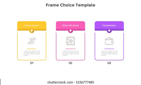 Chart with 3 rectangular frames placed in horizontal row. Concept of three features of marketing strategy. Infographic design template. Flat vector illustration for business information visualization.