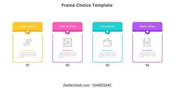 Chart with 4 rectangular frames placed in horizontal row. Concept of four features of marketing strategy. Infographic design template. Flat vector illustration for business information visualization.