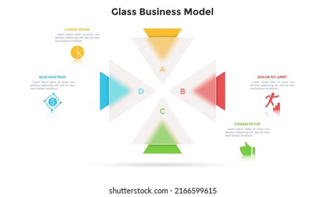 Chart with 4 triangles behind triangular translucent elements placed around center. Concept of 4 features of business transparency. Simple infographic design template. Modern flat vector illustration.