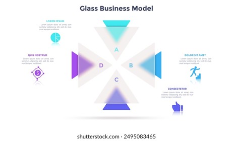 Chart with 4 triangles behind triangular translucent elements placed around center. Concept of 4 features of business transparency. Simple infographic design template. Modern flat vector illustration.