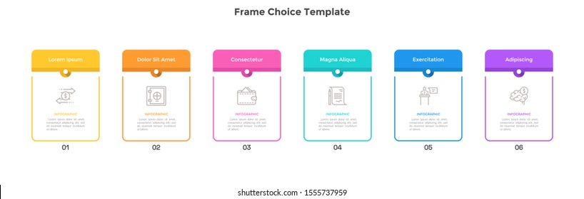 Chart with 6 rectangular frames placed in horizontal row. Concept of six features of marketing strategy. Infographic design template. Flat vector illustration for business information visualization.