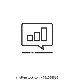 Chart or accounting result data notice icon vector symbol, line art outline style pictogram note of analytics or analysis graph in chat bubble, report sign concept