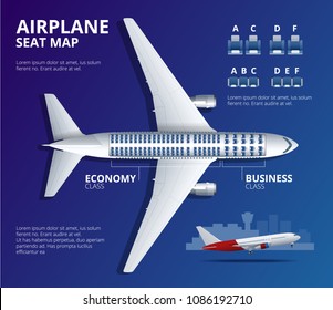 Chart Airplane Seat, Plan, Of Aircraft Passenger. Aircraft Seats Plan Top View. Business And Economy Classes Airplane Indoor Information Map. Vector Illustration Of Plane