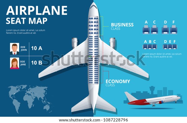 Chart airplane seat, plan, of aircraft
passenger. Aircraft seats plan top view. Business and economy
classes airplane indoor information map. Vector illustration of
Plane on ultraviolet
background