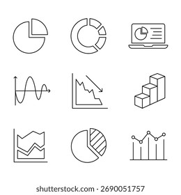 Análise de gráficos, gráfico de pizza, gráfico de rosca, painel estatístico, gráfico de linhas, tendência de dados, análise de negócios, resumo financeiro, gráfico de barras, ilustração de vetor de relatório.