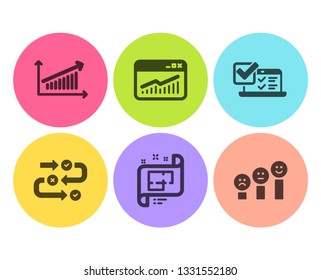 Chart, Architectural plan and Online survey icons simple set. Survey progress, Website statistics and Customer satisfaction signs. Presentation chart, Technical project. Education set. Flat chart icon