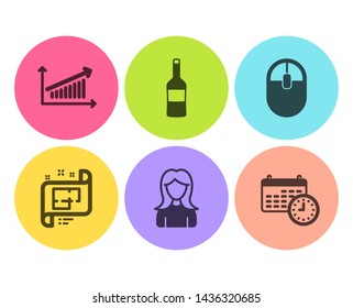 Chart, Architectural plan and Wine icons simple set. Woman, Computer mouse and Calendar signs. Presentation chart, Technical project. Business set. Flat chart icon. Circle button. Vector