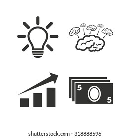 Chart with arrow, brainstorm icons. Cash money and lamp idea signs. Scheme and Diagram symbol. Flat icons on white. Vector