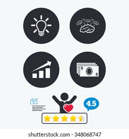 Chart with arrow, brainstorm icons. Cash money and lamp idea signs. Scheme and Diagram symbol. Star vote ranking. Client like and think bubble. Quotes with message.