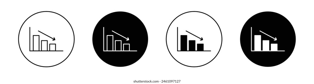 Chart arrow down icon set. decline downward chart vector symbol. stock trend downturn graph sign. negative economy bar Chart. stock market crash icon. cost or profit reduction in black color