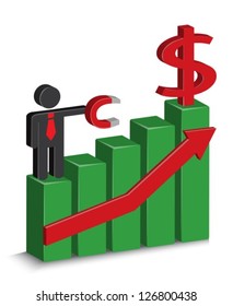 chart up arrow. On columns daigrammy is a businessman and a magnet attracts money. Dollar value is at its highest level.