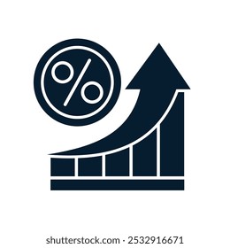 Chart, up arrow, percent. Interest rate increase concept. Vector linear icon isolated on white background.