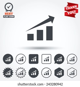 Chart with arrow sign icon. Success diagram symbol. Statistics. Circle, star, speech bubble and square buttons. Award medal with check mark. Thank you ribbon. Vector