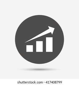 Chart with arrow sign icon. Success diagram symbol. Statistics. Gray circle button with icon. Vector