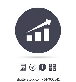 Chart with arrow sign icon. Success diagram symbol. Statistics. Report document, information and check tick icons. Currency exchange. Vector