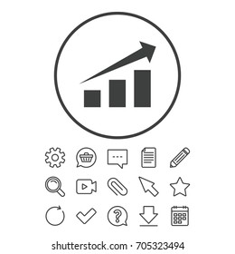 Chart with arrow sign icon. Success diagram symbol. Statistics. Document, Chat and Paper clip line signs. Question, Pencil and Calendar line icons. Star, Download and Shopping cart. Vector