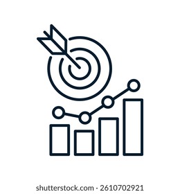Chart, arrow, target. Concept of increasing productivity, rating. Vector linear icon isolated on white background.