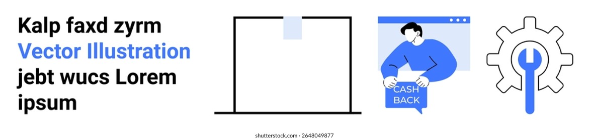 Chart with a bar graph, person holding cash back, gear icon, plus sample text. Ideal for business strategies, finance apps, user guides, marketing materials, tech support, web design, tutorials