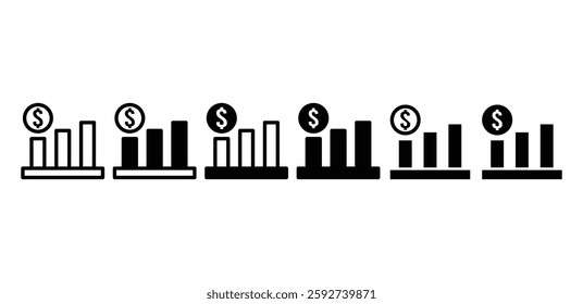 chart bar table profit cost increase with dollar symbol icon vector design black white color illustrations set isolated