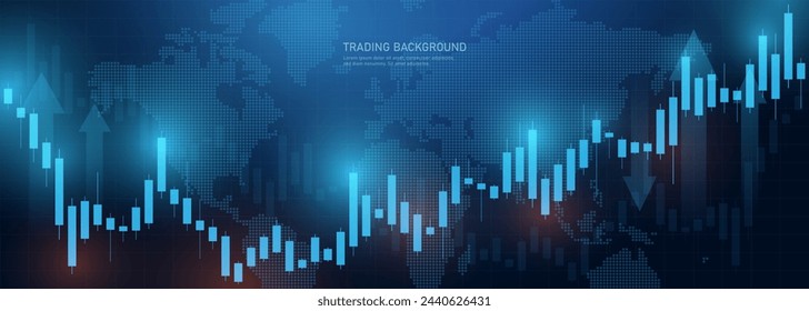 A chart of business candlesticks of investment trading on the stock market on a dark blue background. Bullish point, the trend of the chart. Vector EPS 10.