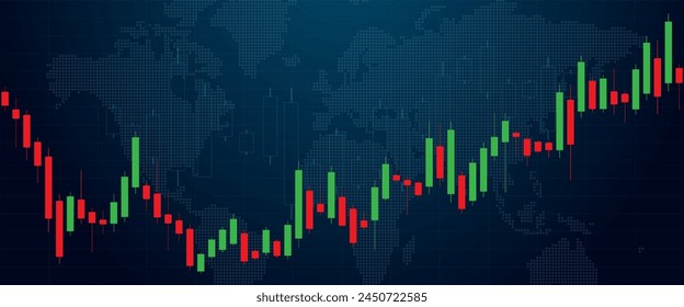 A chart of business candlesticks of investment trading on the stock market on a dark blue background. A chart with green-red candlesticks. Bullish point, the trend of the chart. Vector EPS 10.