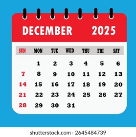 Chart Calendar for December 2025  Flat design,  Vector illustration 