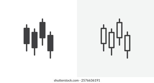 Chart candlestick icon set in black flat solid and outlined style.