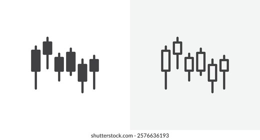 Chart candlestick icon set in black flat solid and outlined style.