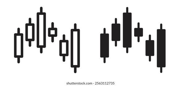 Chart candlestick icons in black line and filled versions