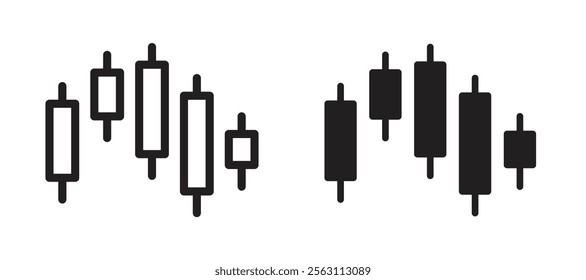 Chart candlestick icons in black line and filled versions