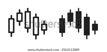 Chart candlestick icons in black line and filled versions