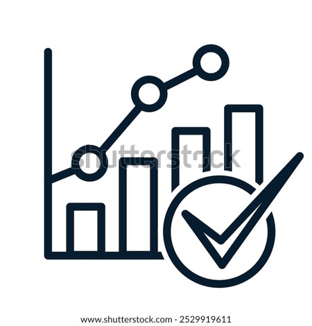 Chart, check mark. Concept of increasing result, successful business plan. Vector linear icon isolated on white background.