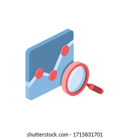 Chart circle search magnifier. Vector 3d isometric, color web icon, new flat style. Creative illustration design, isolated graphic idea for infographics.