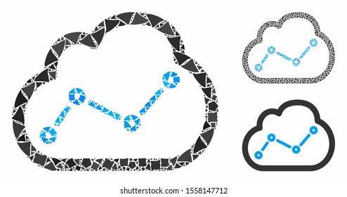 Chart cloud mosaic of rough pieces in variable sizes and color hues, based on chart cloud icon. Vector tuberous pieces are grouped into collage. Chart cloud icons collage with dotted pattern.