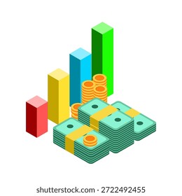 chart with coin and money. Icon saving or accumulation of money, investment. Icon piggy bank in a isometric style. illustrator vector.
