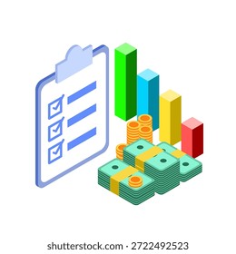 Gráfico con moneda, dinero y billetes. Icono de ahorro o acumulación de dinero, inversión. Icono de hucha en un estilo isométrico. Vector ilustrador.
