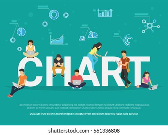 Chart concept illustration of young people using laptop, tablet and smartphone for studying and education. Flat people learn new things with infographics methods such as graph, chart and diagram