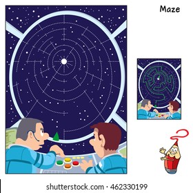 Chart the course to a big star. Educational maze game for children. Cartoon vector illustration