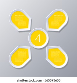 Chart cyclic process  Infographic yellow Points arranged in sun circle,  elements for diagram with 4 steps, options, parts, processes. Universal vector template for presentation and training.