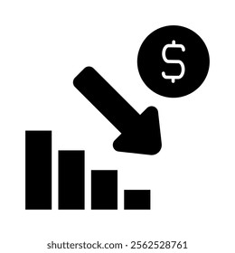Chart with decreasing arrow and dollar sign. Concept of financial loss, economic recession, and bankruptcy.