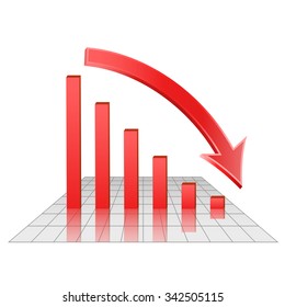 Chart of decreasing profits on grid glassy surface, red bars, 3d vector diagram illustration, eps 10