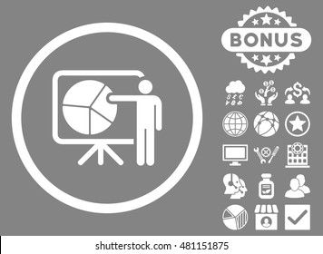 Chart Demonstration icon with bonus. Vector illustration style is flat iconic symbols, white color, gray background.