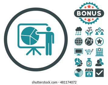 Chart Demonstration icon with bonus. Vector illustration style is flat iconic bicolor symbols, soft blue colors, white background.